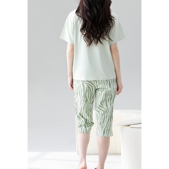 100% Cotton Women Capri Pajama Set 2 Pcs Short Sleeve Top Capris pants Sleepwear - Picture 7 of 9